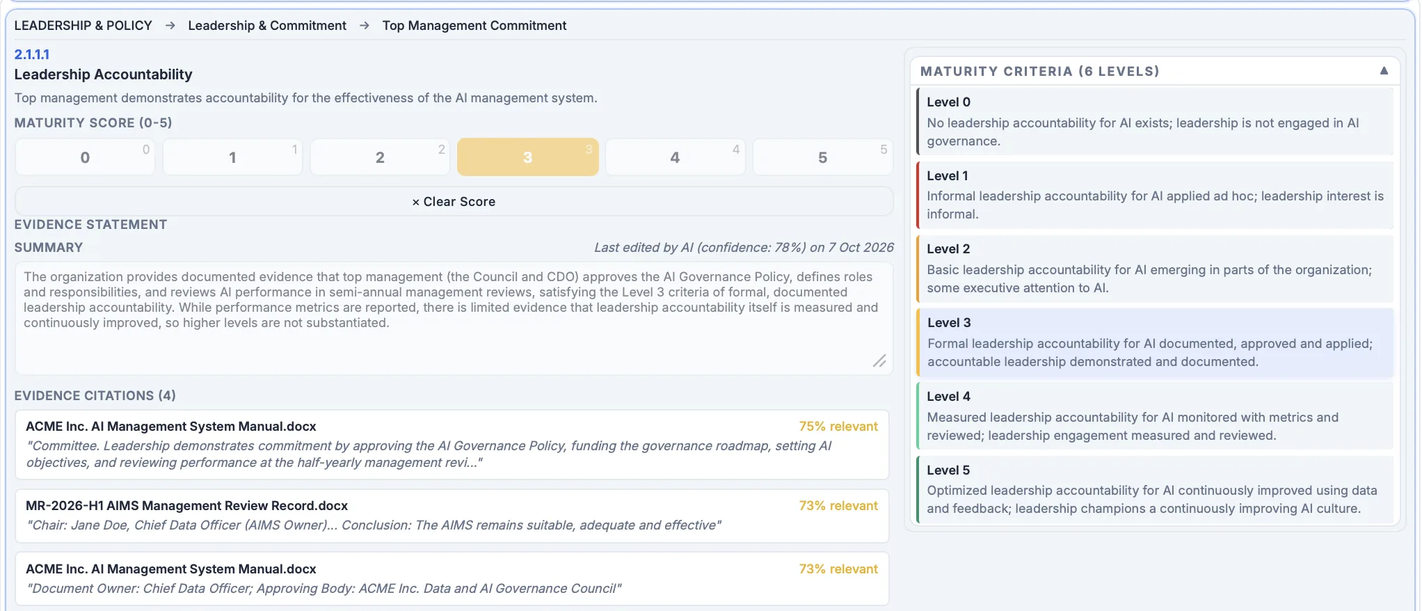 APEX assessment of a leadership accountability control scored at maturity level 3, with an evidence summary, three cited document passages with relevance scores, and the six-level maturity criteria