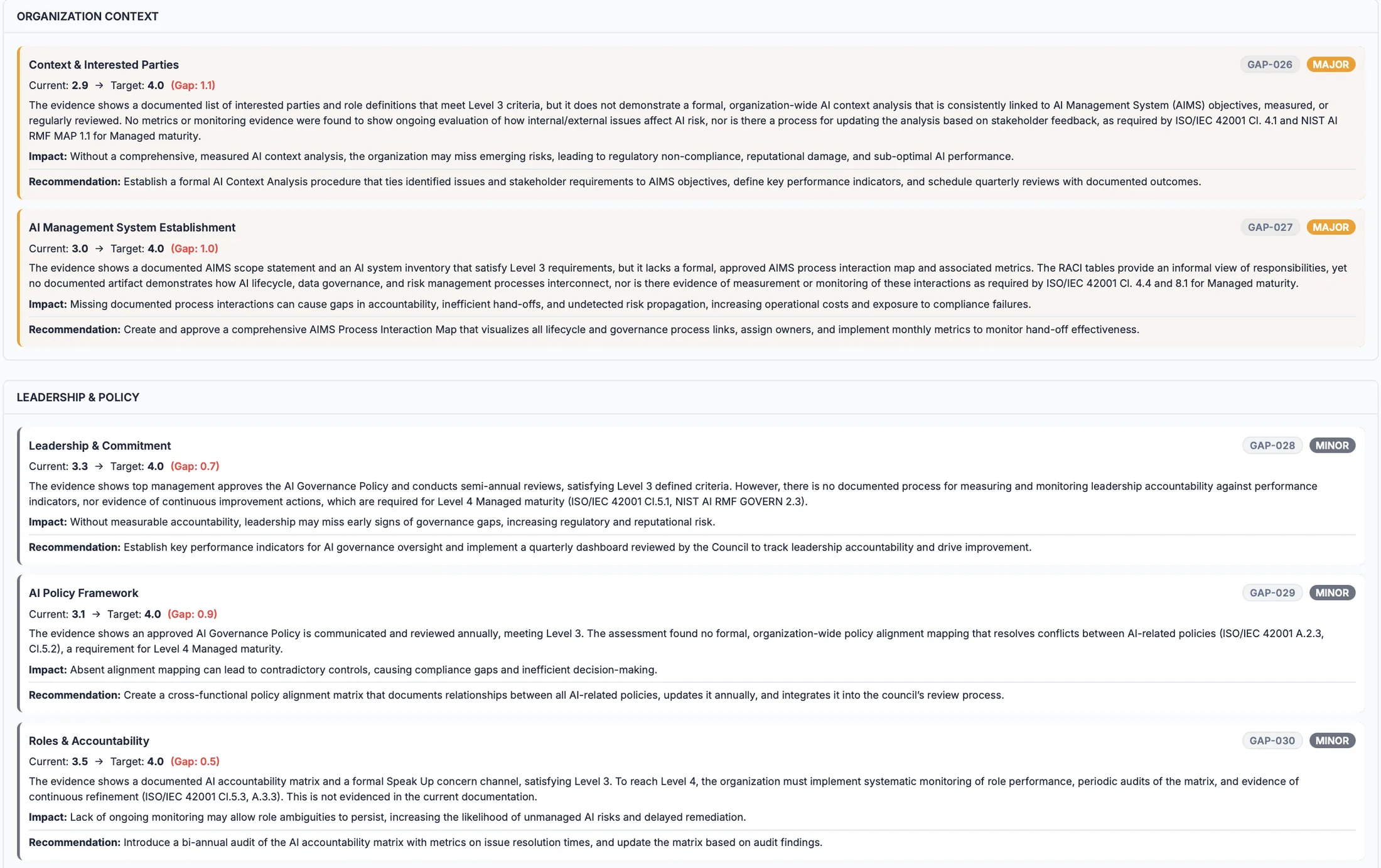 APEX insight report listing findings by principle, each with current and target maturity, gap size, severity, evidence, impact and recommendation